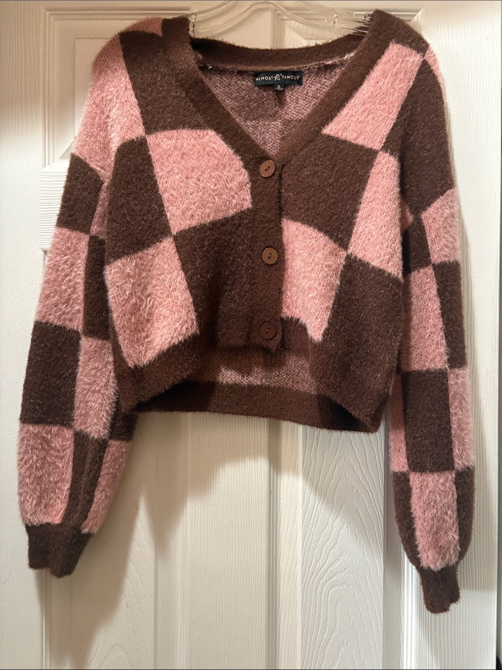 Almost Famous Pink and Brown Checkered Fuzzy Cropped Cardigan